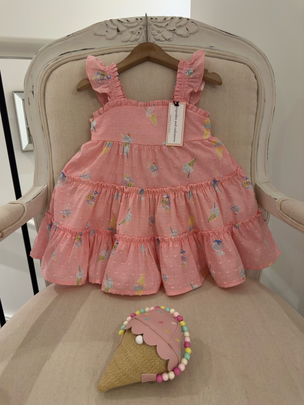🍦18 Mth Cupcakes and Cashmere Ruffle Pink Baby Dress with Ice Cream Print NWT